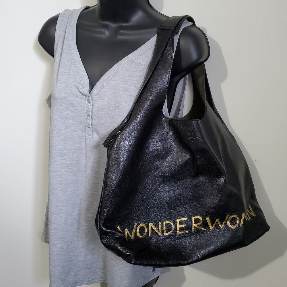 LIA NUMA Genuine Leather Wonderwoman Hobo Shoulder Crossbody Bag Black Gold